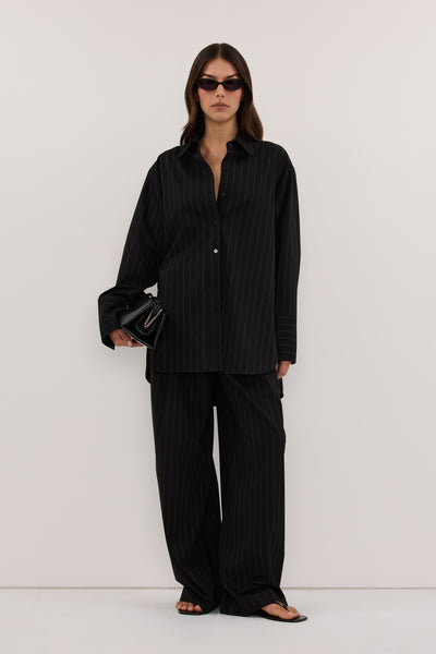 Helena  wearing SIAN BLACK PINSTRIPE BUTTON SHIRT