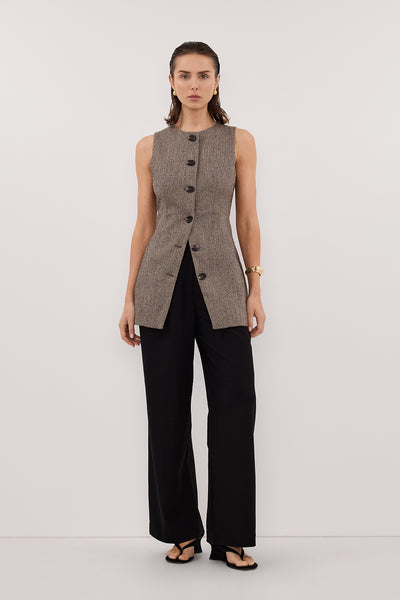 Kristen wearing FRANKIE CHOC TWEED TUNIC VEST
