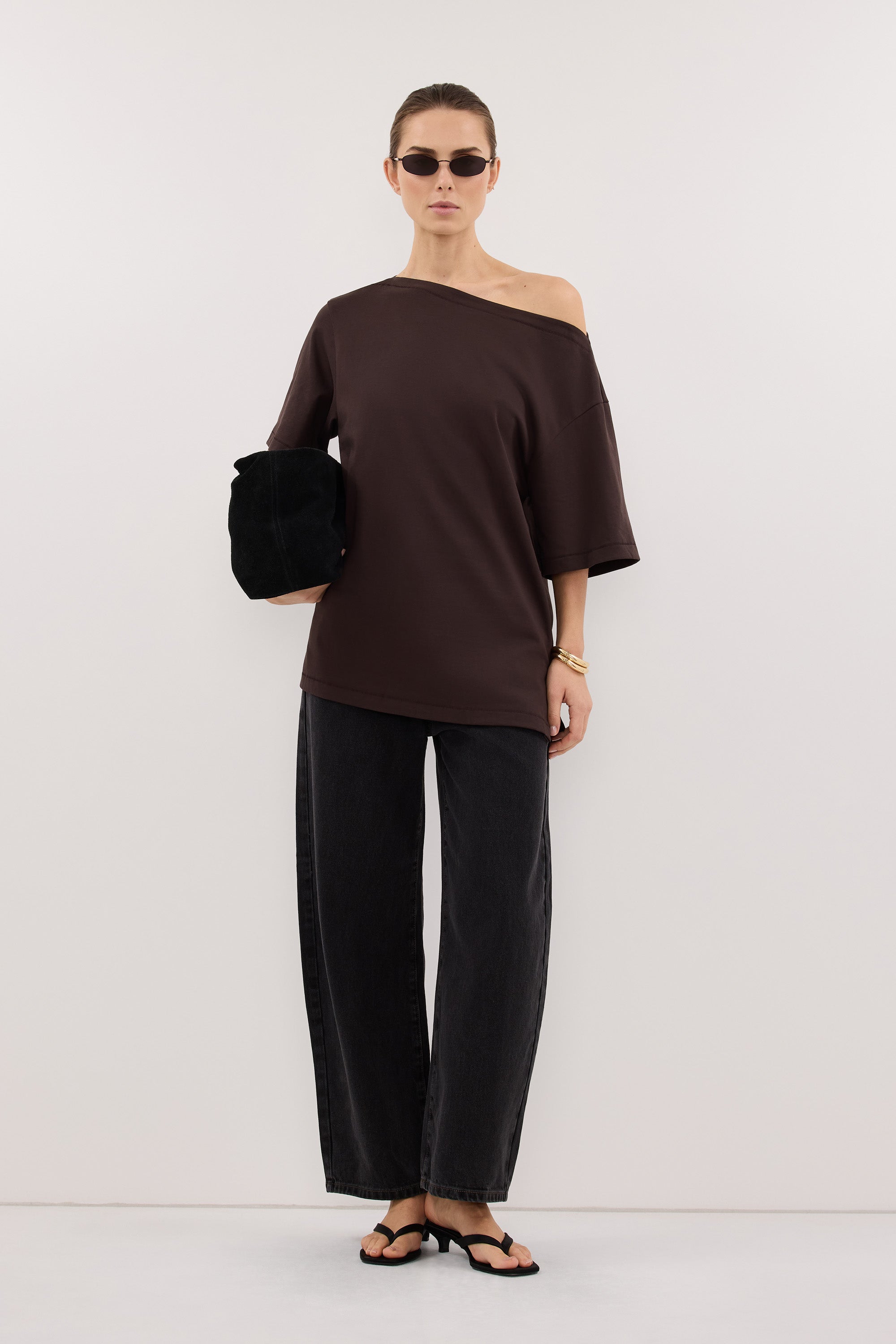 ESME BITTER CHOC ASYM BOAT NECK TEE