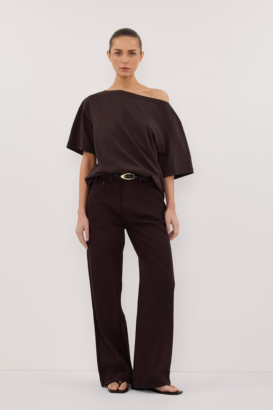 ESME BITTER CHOC ASYM BOAT NECK TEE Clothing DISSH Boutiques XS BITTER CHOCOLATE 