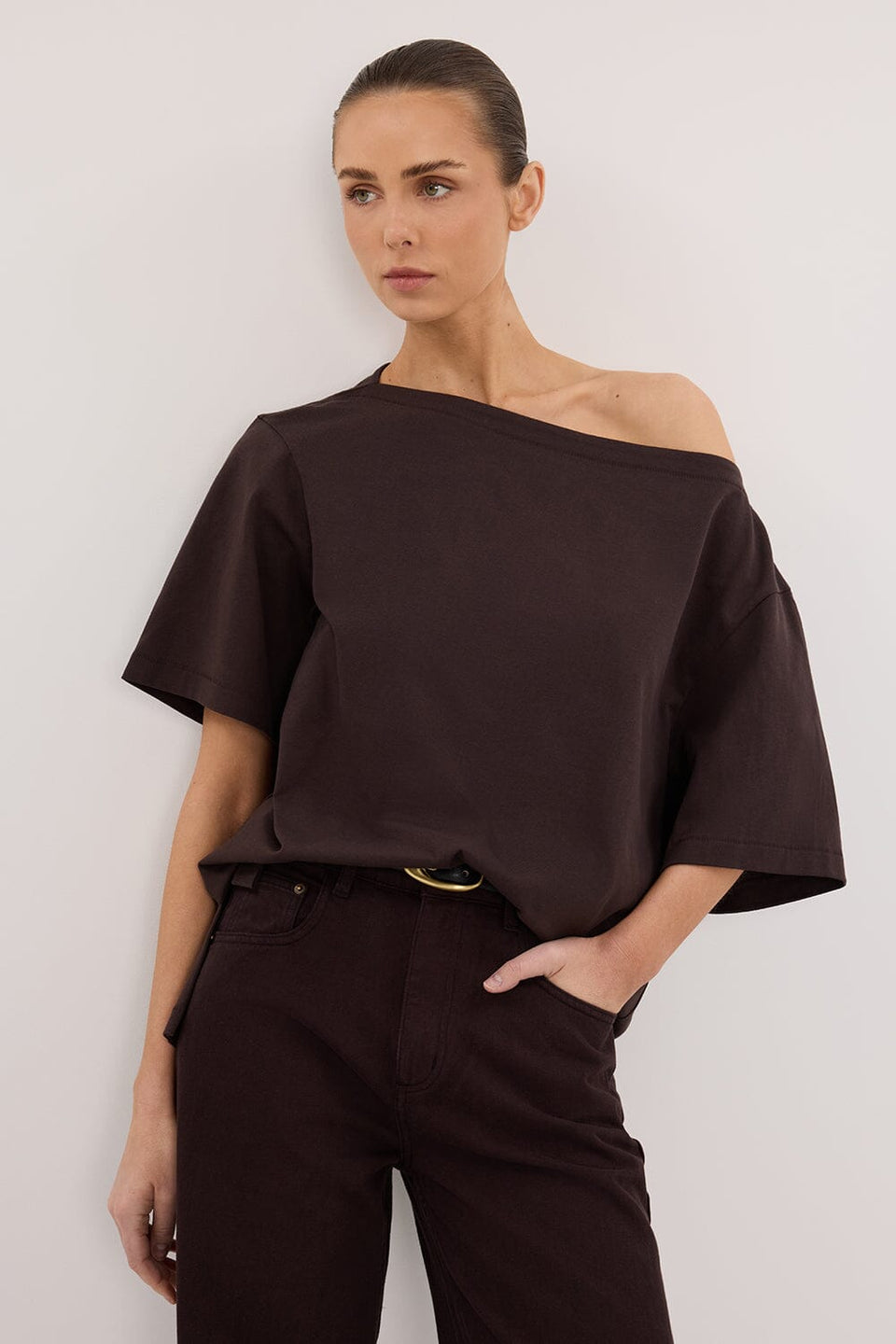 ESME BITTER CHOC ASYM BOAT NECK TEE Clothing DISSH Boutiques 