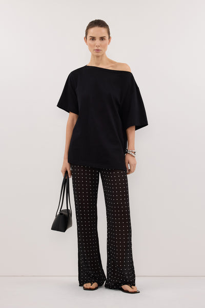 Stas wearing ESME BLACK ASYM BOAT NECK TEE