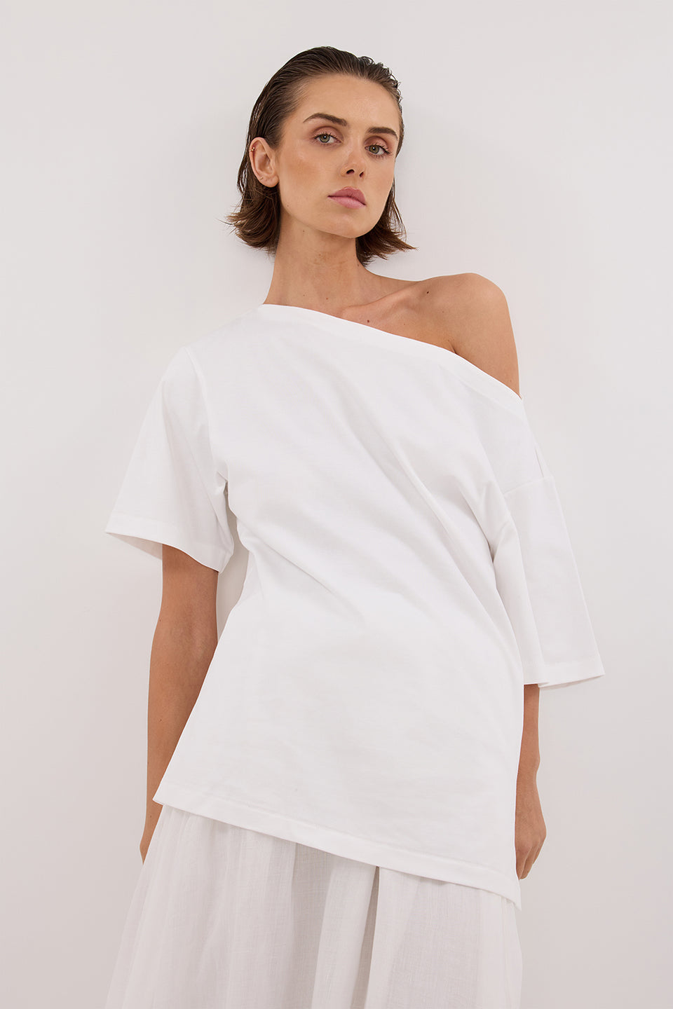 ESME WHITE ASYM BOAT NECK TEE Clothing DISSH Boutiques 
