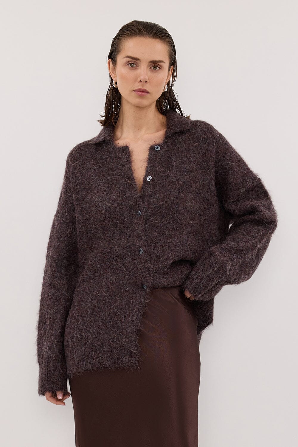 SALMA WINE POLO NECK KNIT CARDIGAN Clothing DISSH Boutiques 