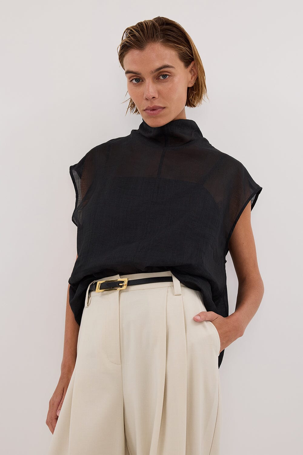 CARMEL BLACK RAMIE FUNNEL NECK TOP Clothing DISSH Boutiques 