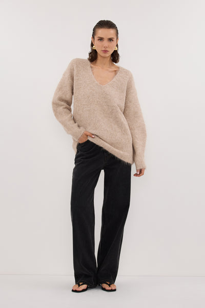 Stas wearing SALMA OAT V NECK JUMPER