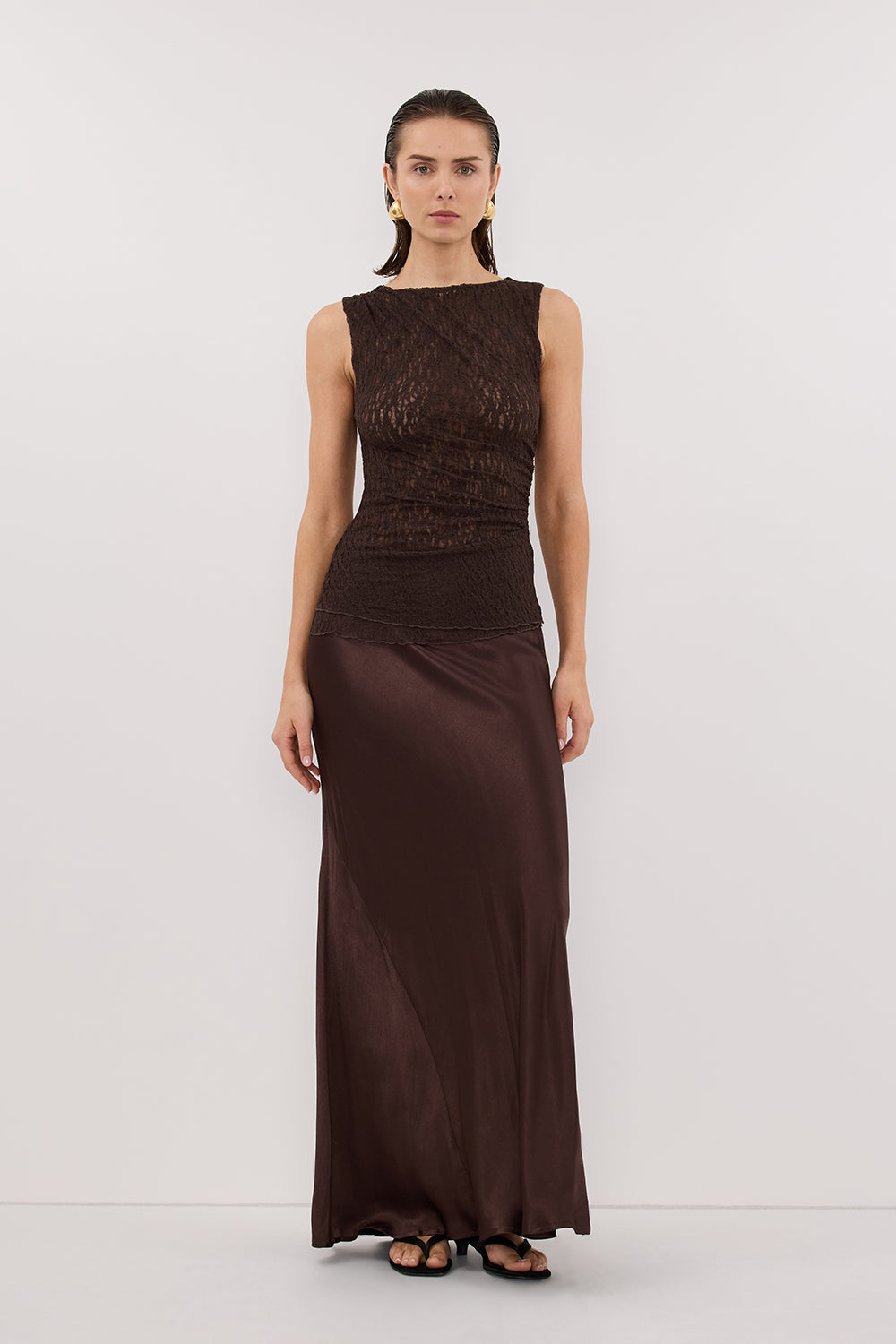 LIZZIE DARK CHOCOLATE SLEEVELESS LACE TOP Clothing DISSH Boutiques XS DARK CHOCOLATE 