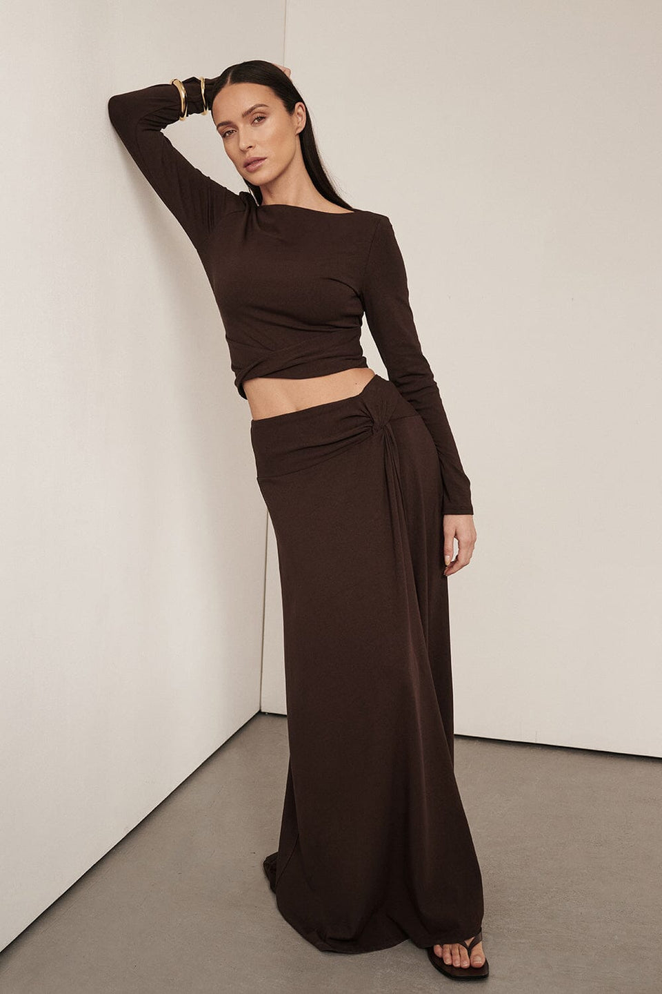 HADLEY CHOC LONG SLEEVE TWIST TOP Clothing DISSH Boutiques 