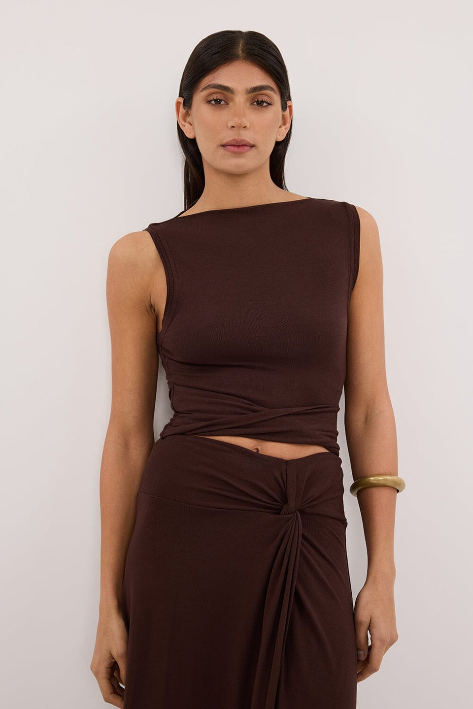 HADLEY CHOC SLEEVELESS TWIST TOP Clothing DISSH Boutiques 