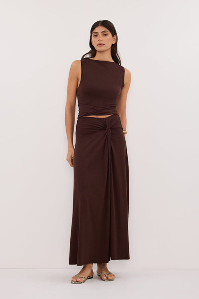 Annie wearing HADLEY CHOC SLEEVELESS TWIST TOP