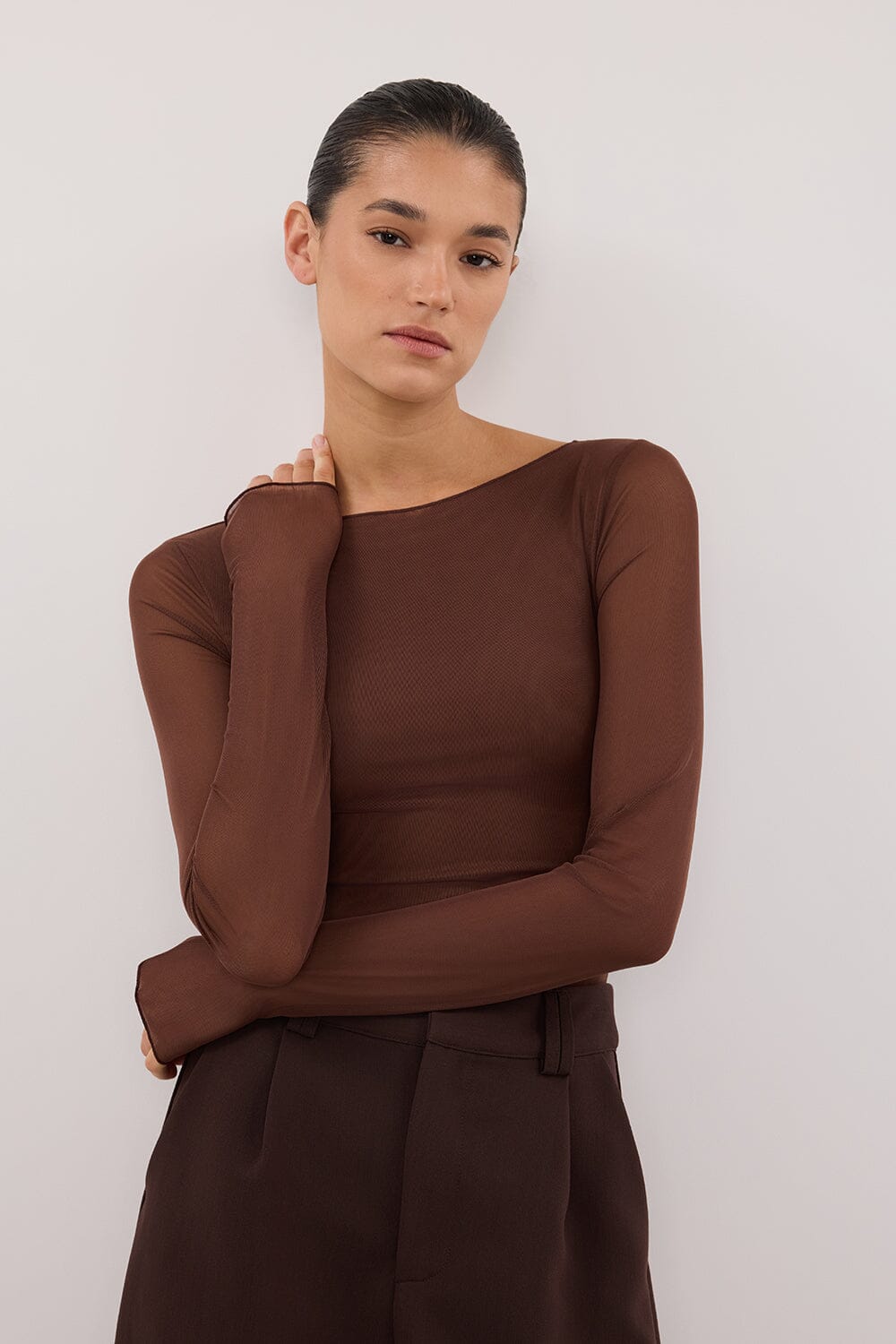 NYRA CHOC MESH LONG SLEEVE TOP Clothing DISSH Boutiques 