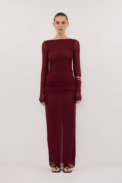 Stas wearing NYRA WINE LONG SLEEVE MESH TOP