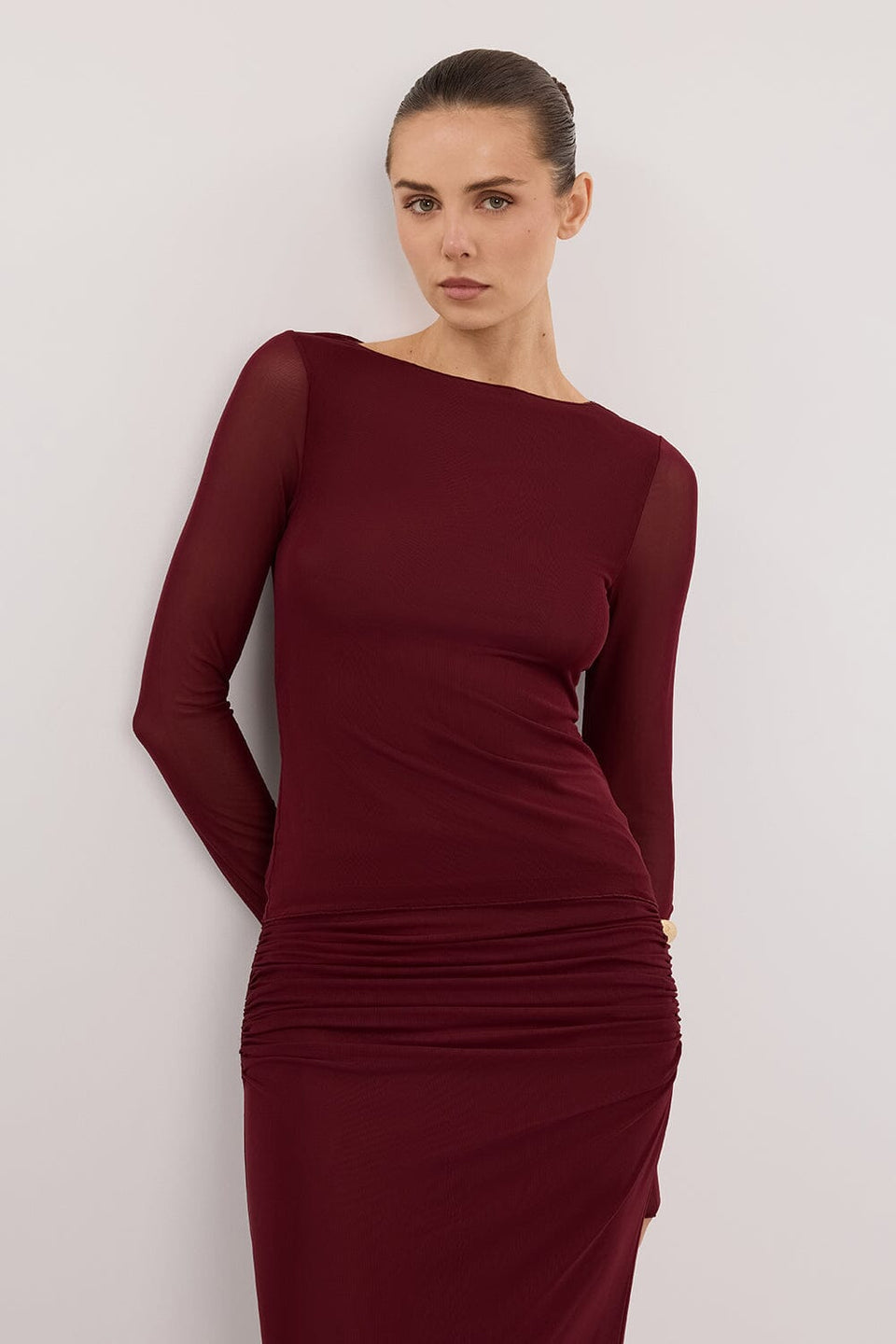 NYRA WINE LONG SLEEVE MESH TOP Clothing DISSH Boutiques 