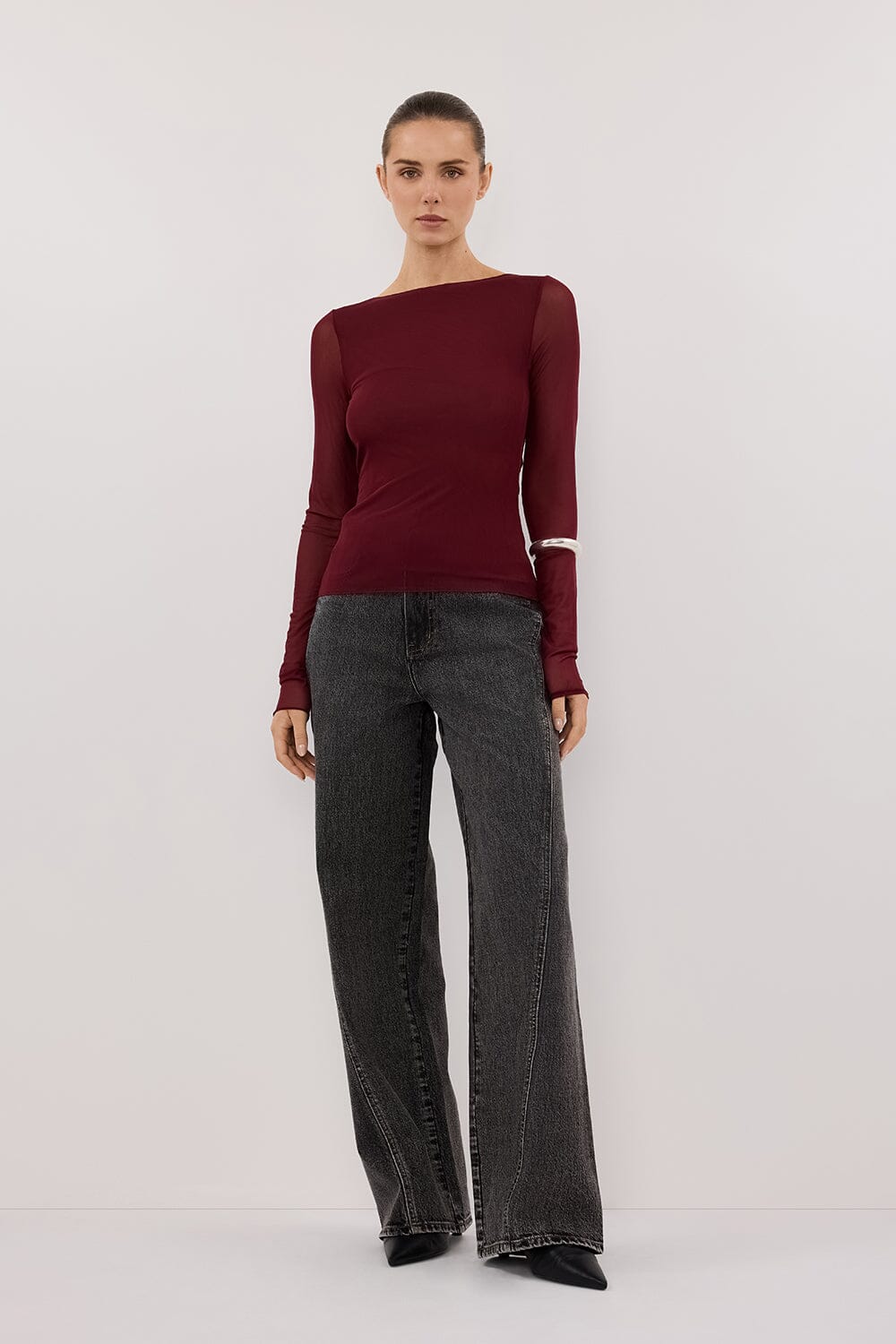 NYRA WINE LONG SLEEVE MESH TOP Clothing DISSH Boutiques 