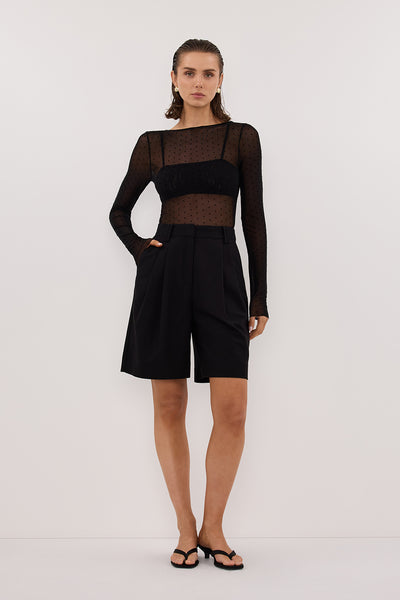 Aude wearing MAE BLACK MESH SPOT LONG SLEEVE TOP