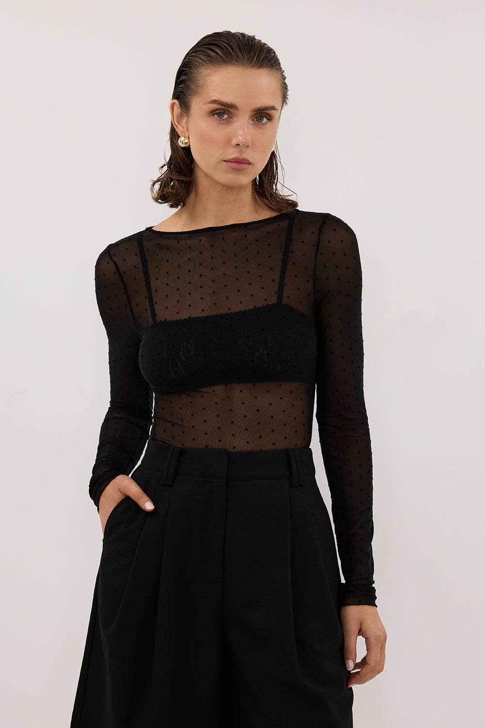 MAE BLACK MESH SPOT LONG SLEEVE TOP Clothing DISSH Boutiques 
