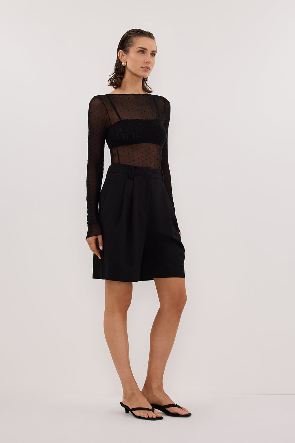 MAE BLACK MESH SPOT LONG SLEEVE TOP Clothing DISSH Boutiques 