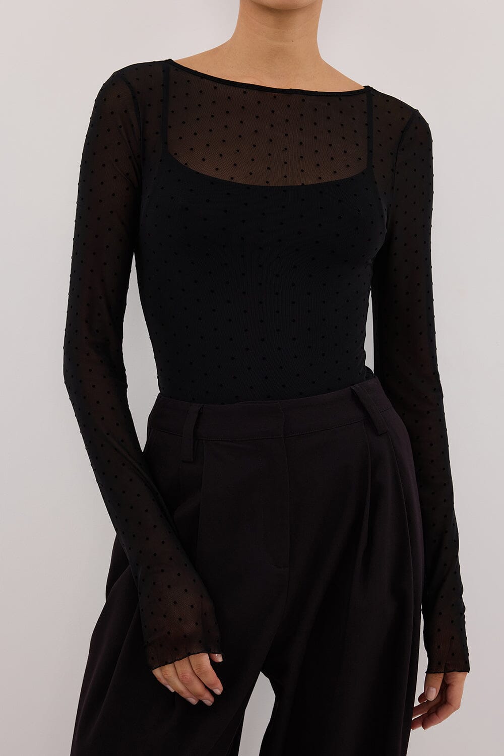 MAE BLACK MESH SPOT LONG SLEEVE TOP Clothing DISSH Boutiques 