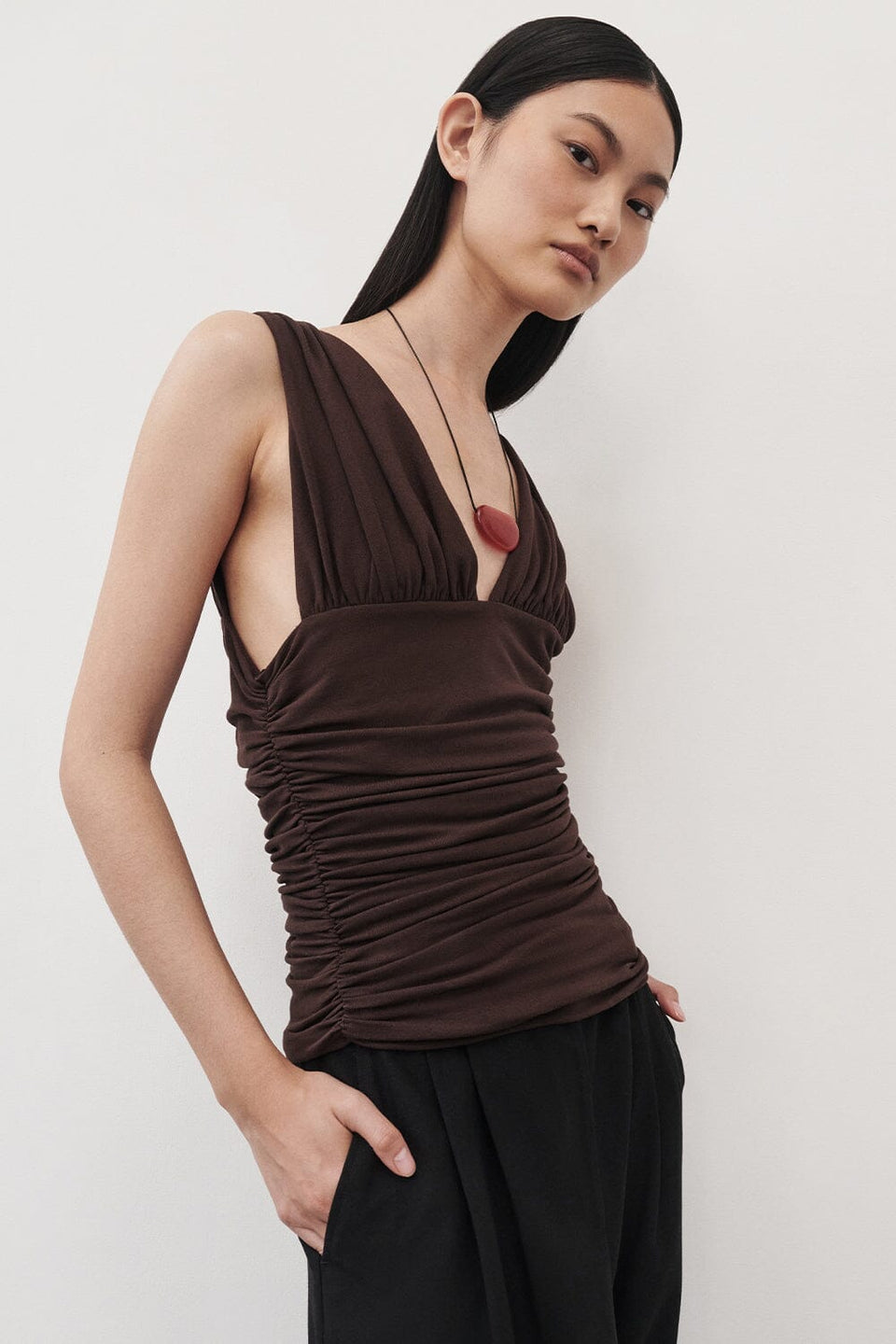 MAGNOLIA CHOC SLEEVELESS RUCHED TOP - PRE ORDER Clothing DISSH Boutiques 