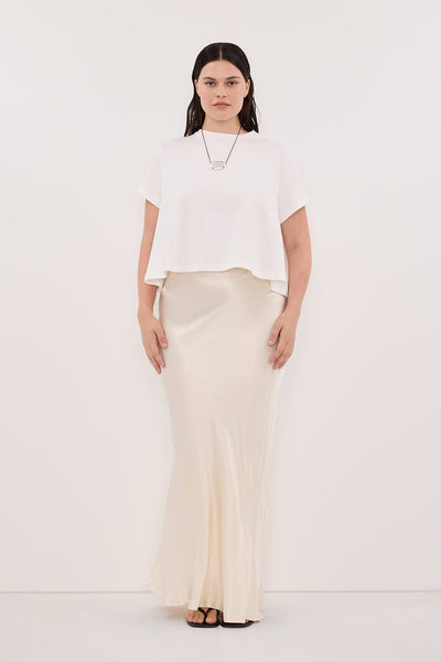 Jasmine wearing TATUM WHITE SHORT SLEEVE COTTON TEE