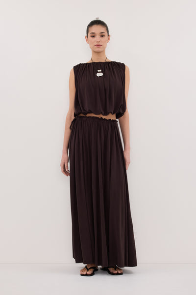 Aude wearing AVA BURNT CHOC SLEEVELESS MODAL BLEND TOP