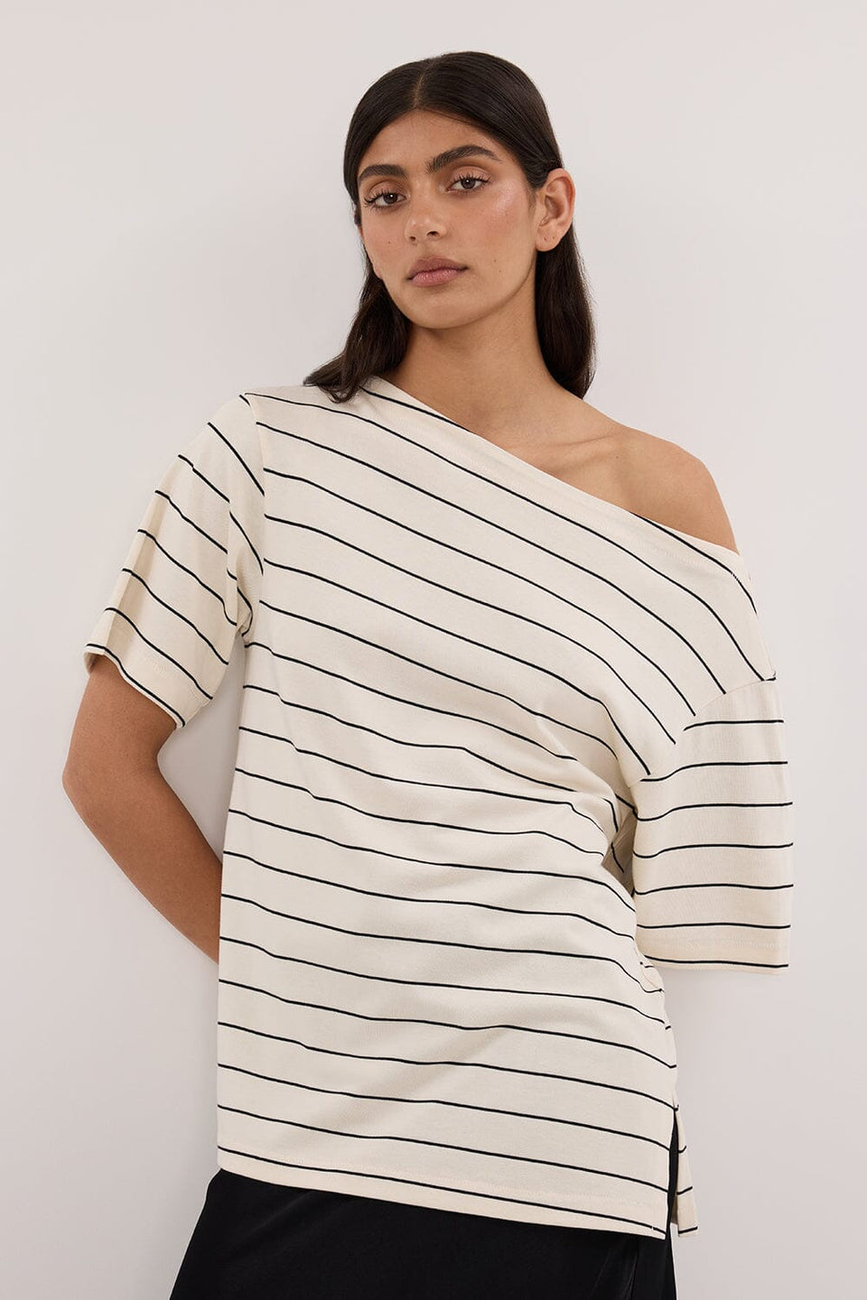 ESME OFF WHITE STRIPE ASYM TEE Clothing DISSH Boutiques 