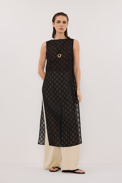 Stas wearing ELBA BLACK SHEER TUNIC TOP