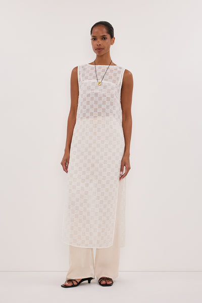 Annie wearing ELBA WHITE SHEER TUNIC TOP