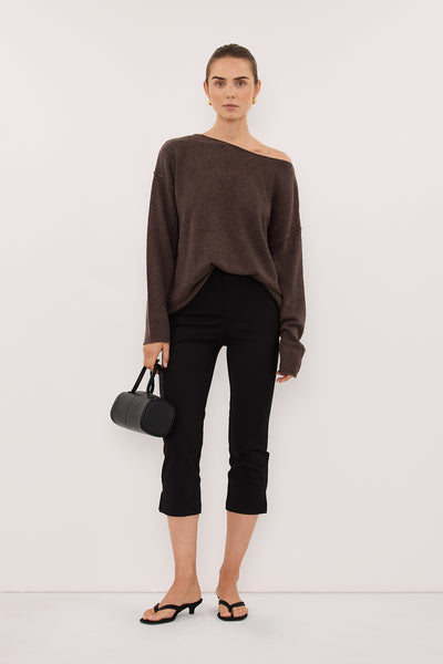 Stas wearing TESS CHOC MARLE BOATNECK KNIT JUMPER