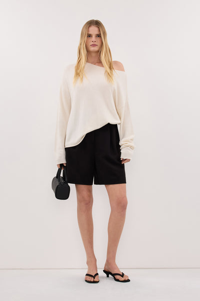 Zoe wearing TESS IVORY BOATNECK KNIT JUMPER