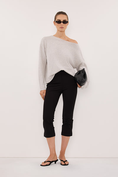 Stas wearing TESS SILVER BOATNECK KNIT JUMPER