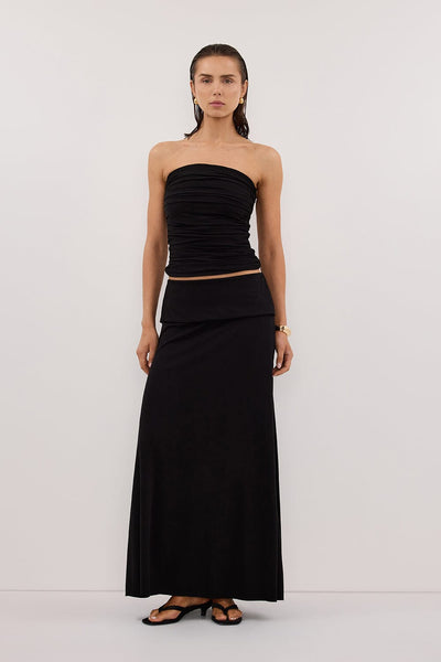 Stas wearing SHARI BLACK STRAPLESS BANDEAU TOP