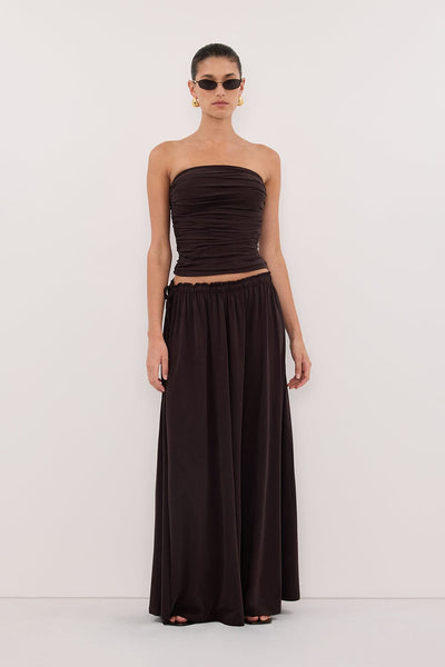 Aude wearing SHARI BURNT CHOC STRAPLESS BANDEAU TOP