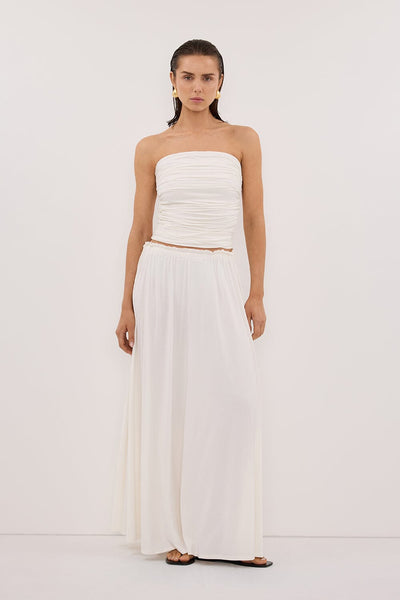 Stas wearing SHARI OFF WHITE STRAPLESS BANDEAU TOP