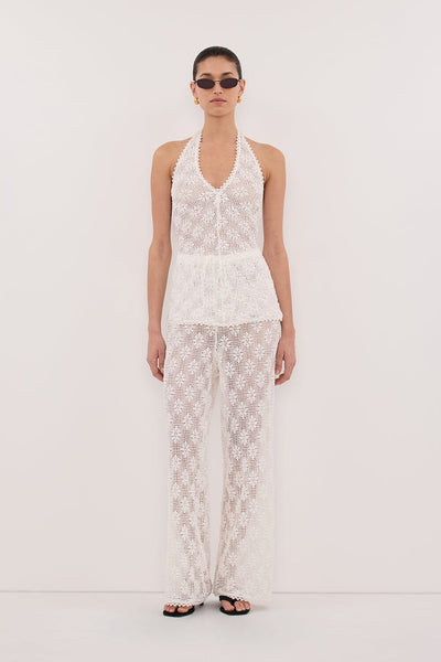 Aude wearing AGNES WHITE SLEEVELESS CROCHET HALTER TOP