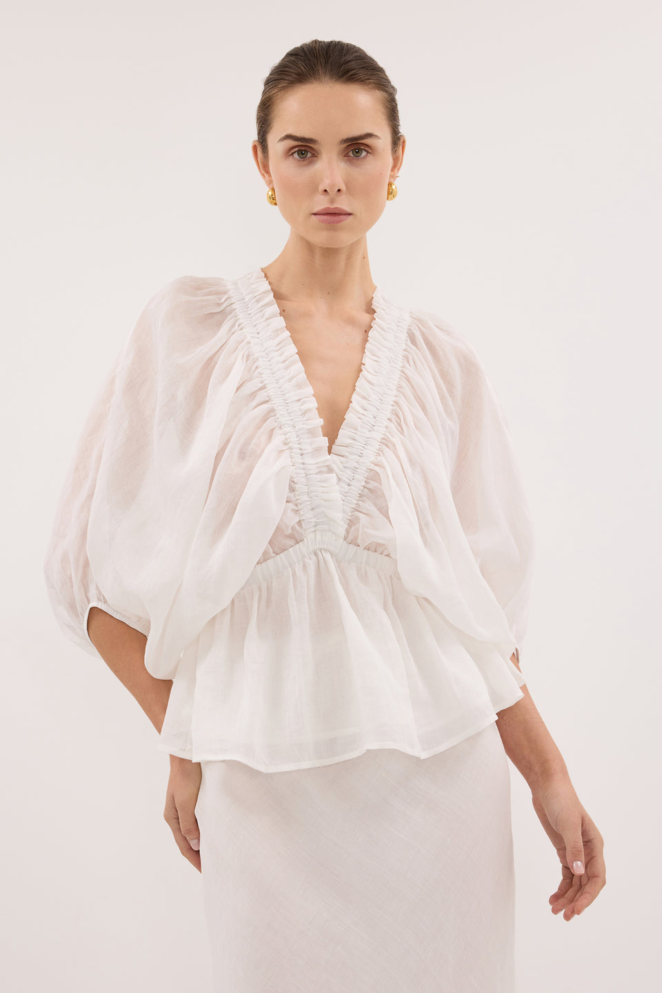 BRIELLE WHITE RAMIE LONG SLEEVE TOP
