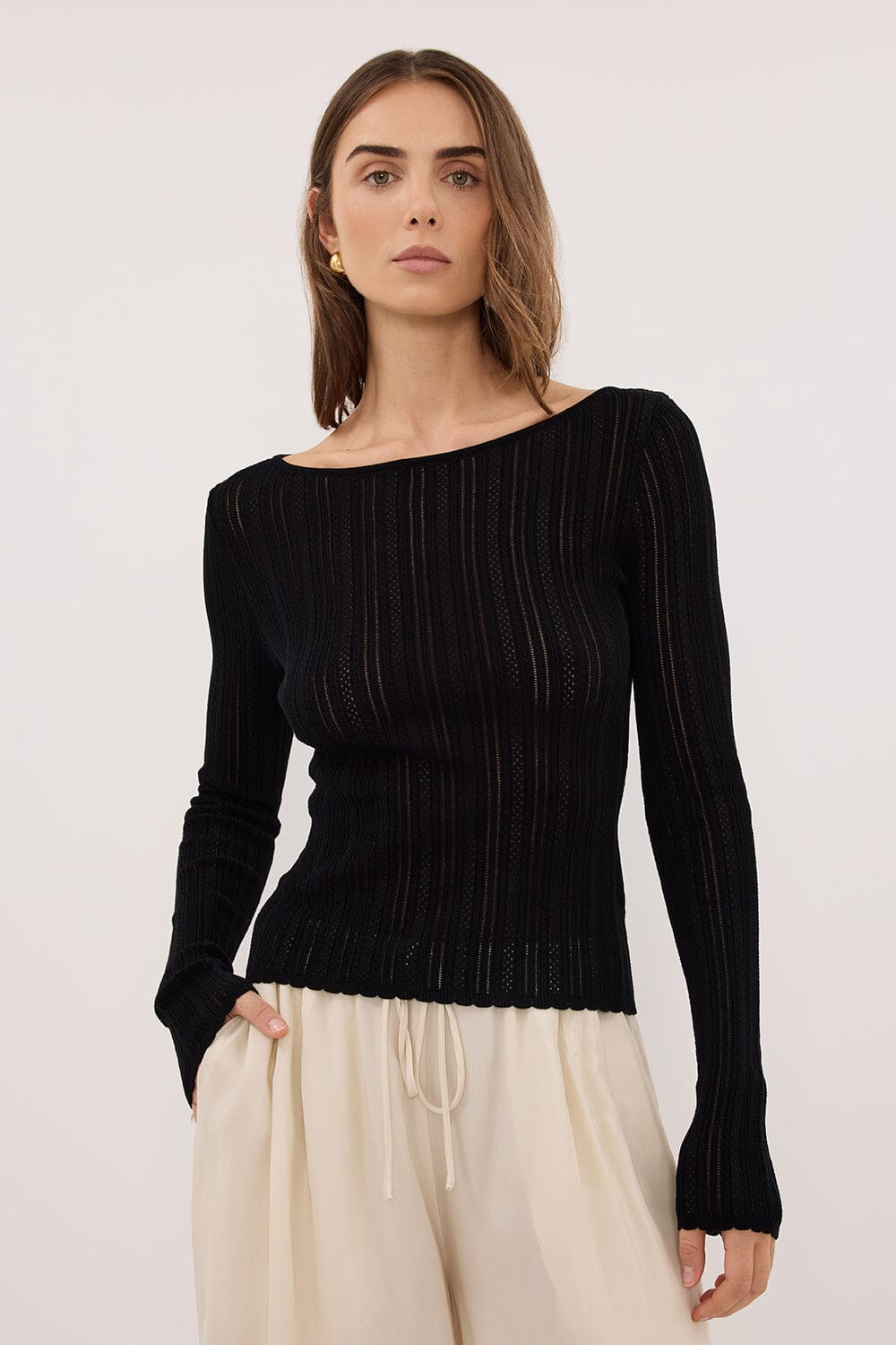 ELENA BLACK POINTELLE LONG SLEEVE KNIT TOP Clothing DISSH Boutiques 