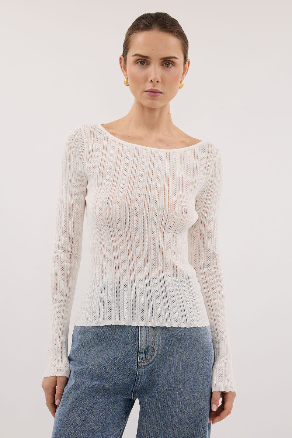 ELENA WHITE POINTELLE LONG SLEEVE KNIT TOP