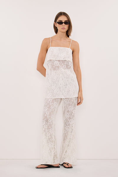 Stas wearing ANYA WHITE LACE WATERFALL TOP