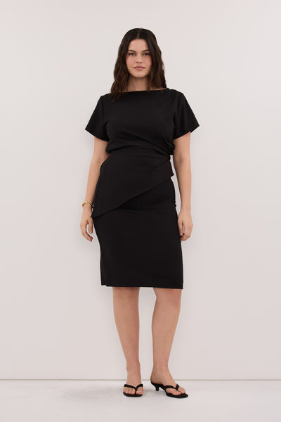 Jasmine wearing PARKER BLACK ASYM TOP