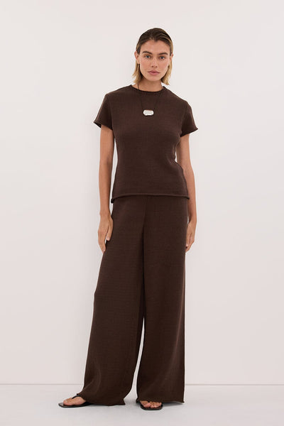 Joanna wearing ORIA BURNT CHOC COTTON BABY TEE
