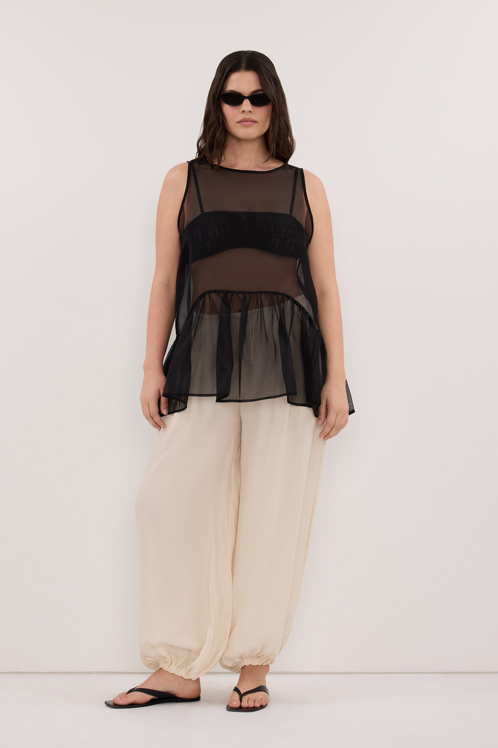 SIAN BLACK SILK ORGANZA DROP WAIST TOP