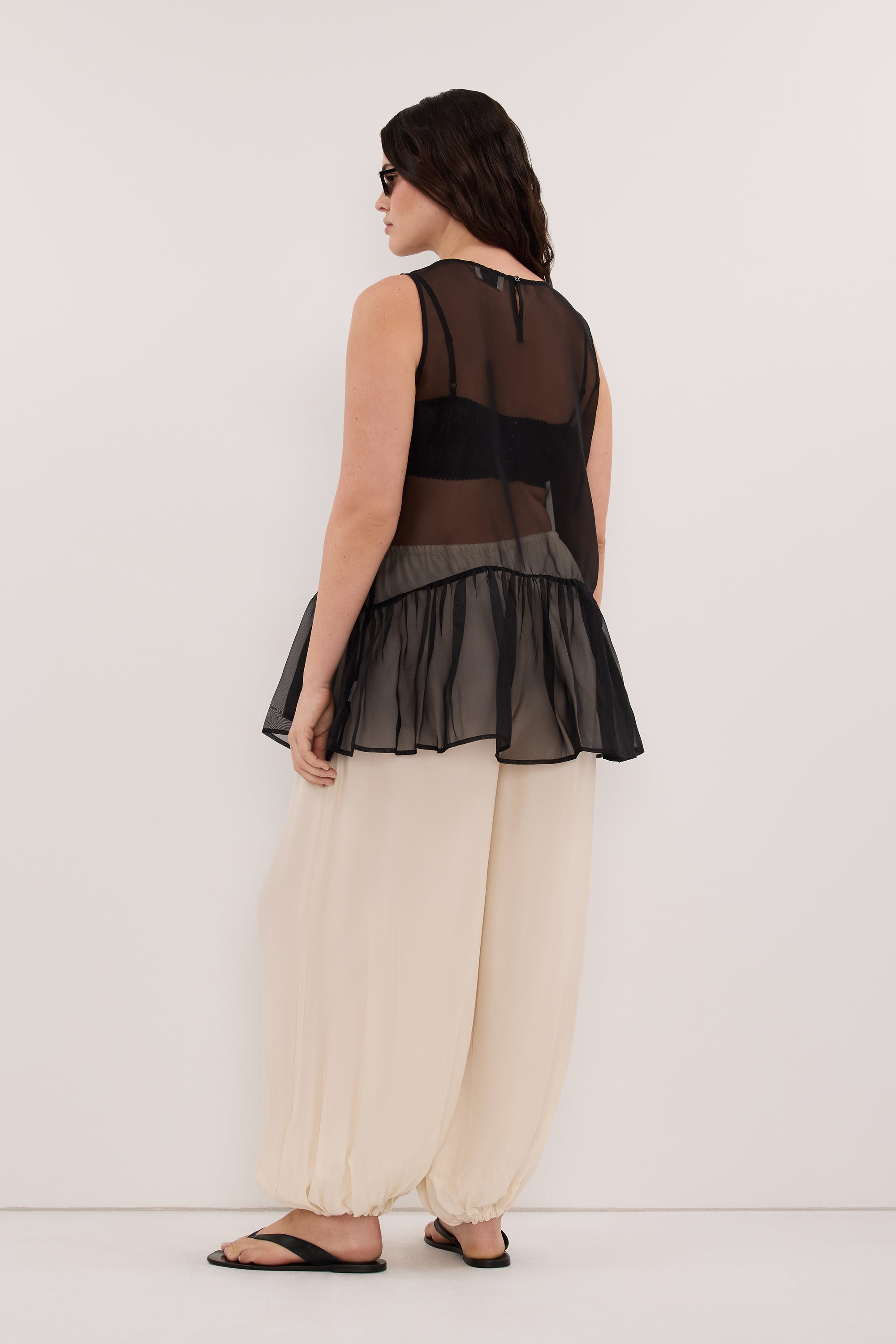 SIAN BLACK SILK ORGANZA DROP WAIST TOP