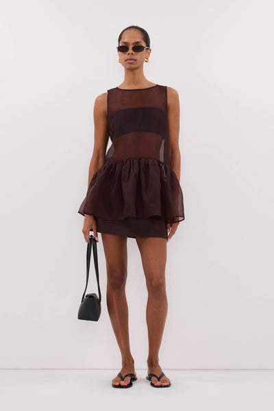 Kristen wearing SIAN DARK CHOC SILK ORGANZA DROP WAIST TOP