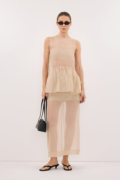 Stas wearing SIAN GOLD SILK ORGANZA DROP WAIST TOP