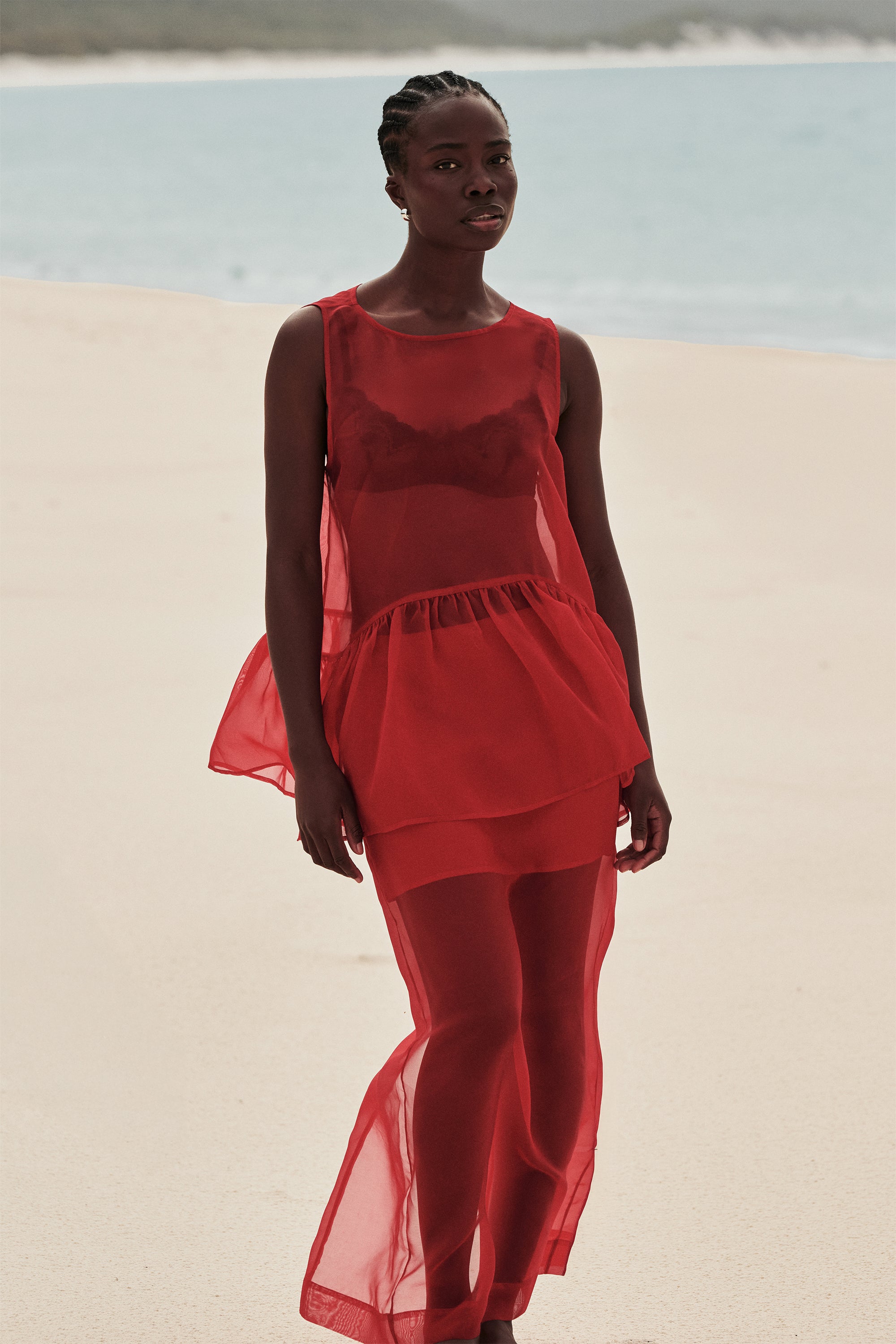 SIAN RED SILK ORGANZA DROP WAIST TOP - PRE ORDER
