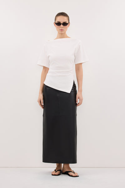 Stas wearing SWANN WHITE ASYM BOAT NECK TEE
