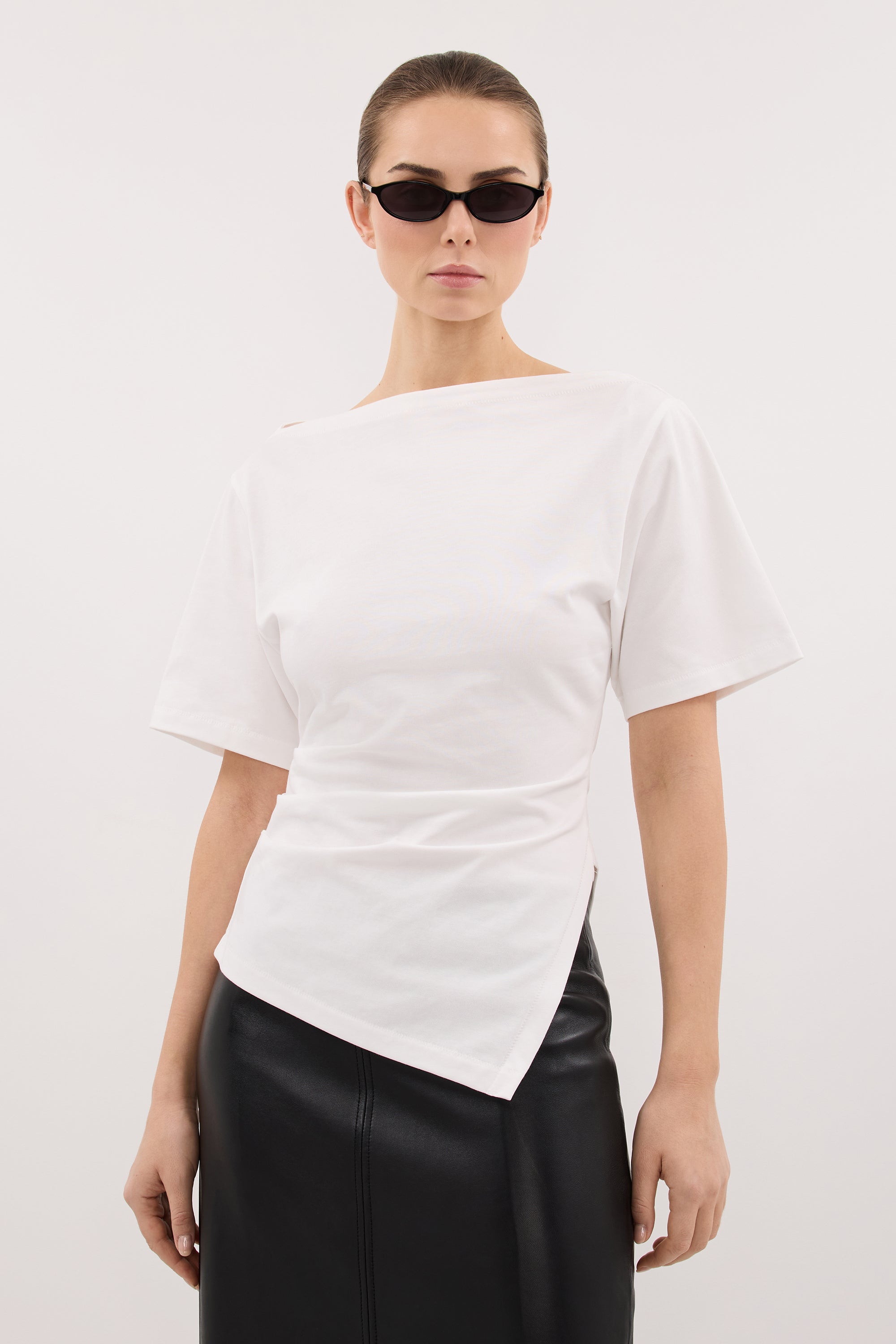 SWANN WHITE ASYM BOAT NECK TEE