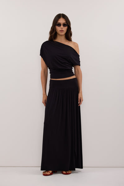 Helena  wearing ELSIE BLACK ASYM OFF SHOULDER TOP