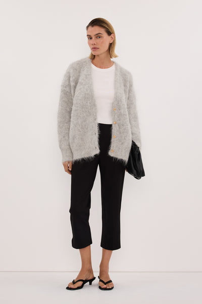 Joanna wearing SALMA SILVER LONGLINE CARDIGAN